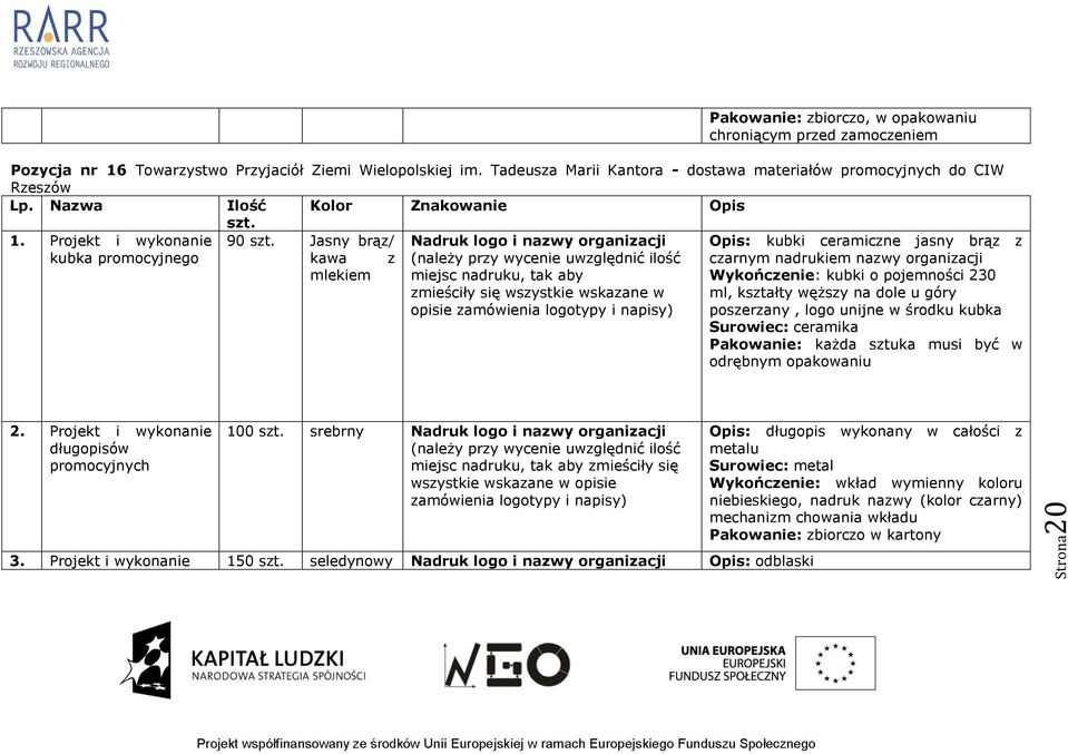 Jasny brąz/ Nadruk logo i nazwy organizacji Opis: kubki ceramiczne jasny brąz z kubka promocyjnego kawa z (należy przy wycenie uwzględnić ilość czarnym nadrukiem nazwy organizacji mlekiem miejsc