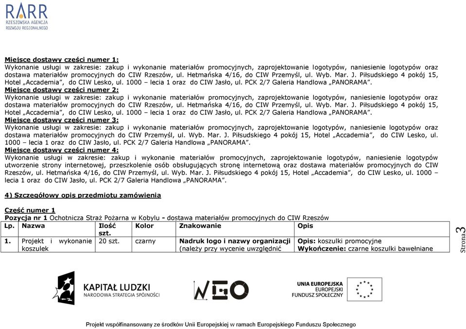 Miejsce dostawy części numer 2: Wykonanie usługi w zakresie: zakup i wykonanie materiałów promocyjnych, zaprojektowanie logotypów, naniesienie logotypów oraz dostawa materiałów promocyjnych  Miejsce