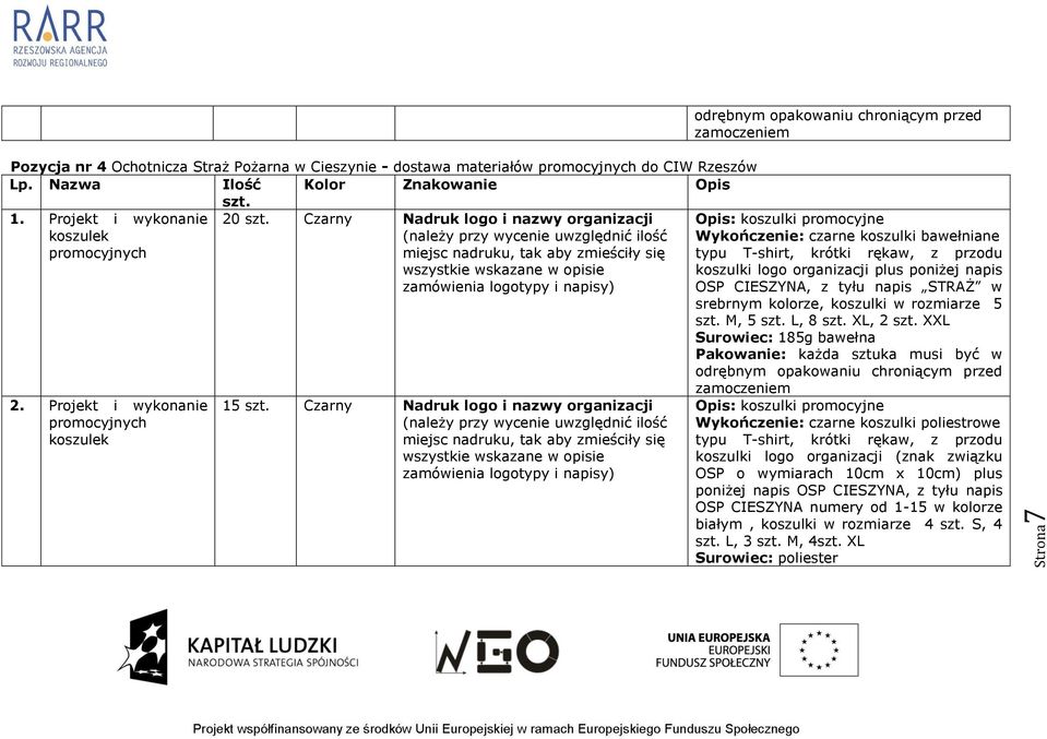 Czarny Nadruk logo i nazwy organizacji (należy przy wycenie uwzględnić ilość miejsc nadruku, tak aby zmieściły się wszystkie zamówienia odrębnym opakowaniu chroniącym przed zamoczeniem Opis: koszulki