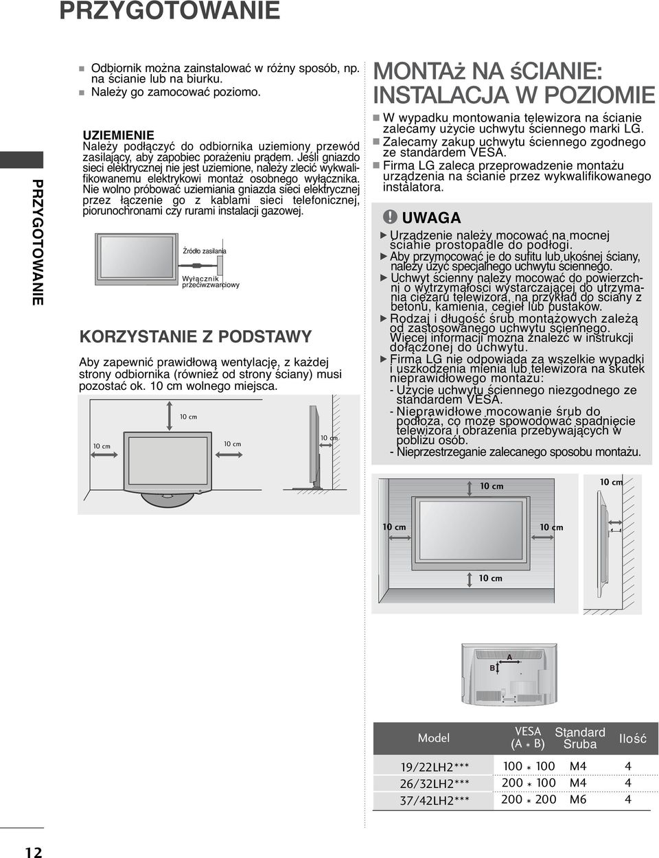Jeśli gniazdo sieci elektrycznej nie jest uziemione, należy zlecić wykwalifikowanemu elektrykowi montaż osobnego wyłącznika.