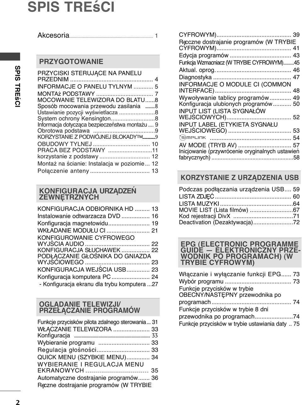 ..9 KORZYSTANI Z PODWÓJNJ BLADY...9 OBUDOWY TYLNJ... 0 PRACA BZ PODSTAWY... korzystanie z podstawy... Montaż na ścianie: Instalacja w poziomie... Połączenie anteny.