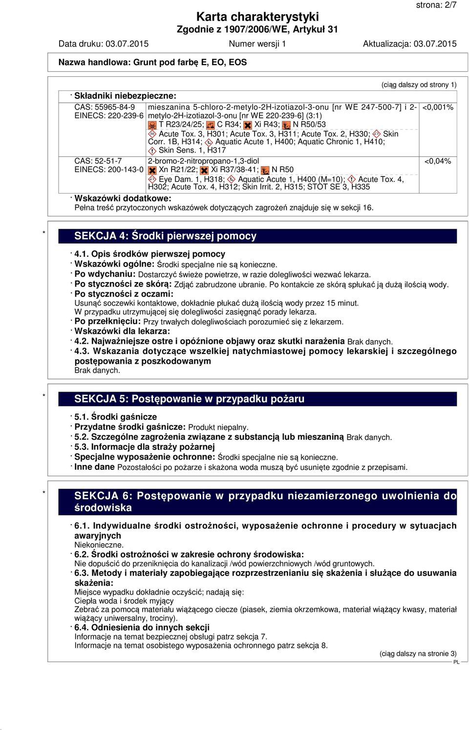 1B, H314; Aquatic Acute 1, H400; Aquatic Chronic 1, H410; Skin Sens. 1, H317 CAS: 52-51-7 EINECS: 200-143-0 2-bromo-2-nitropropano-1,3-diol Xn R21/22; Xi R37/38-41; N R50 Eye Dam.