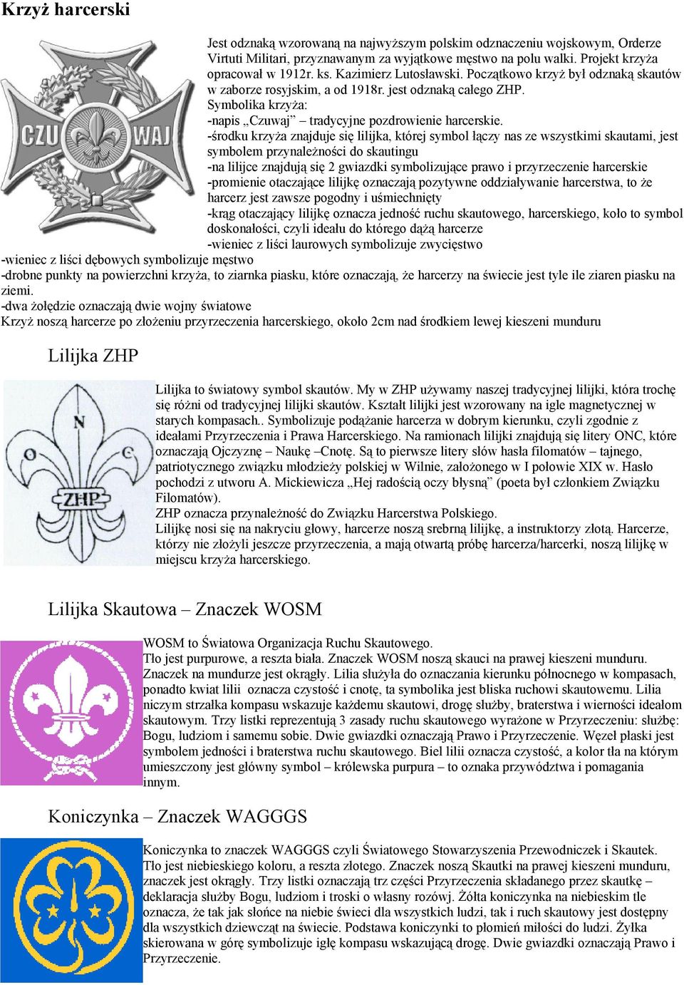 -środku krzyża znajduje się lilijka, której symbol łączy nas ze wszystkimi skautami, jest symbolem przynależności do skautingu -na lilijce znajdują się 2 gwiazdki symbolizujące prawo i przyrzeczenie