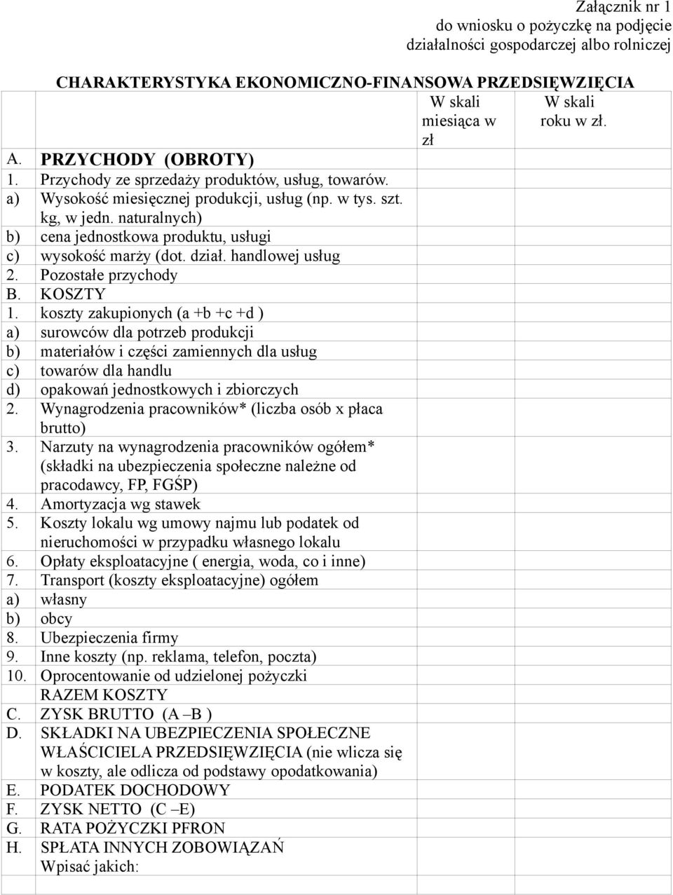 naturalnych) b) cena jednostkowa produktu, usługi c) wysokość marży (dot. dział. handlowej usług 2. Pozostałe przychody B. KOSZTY 1.