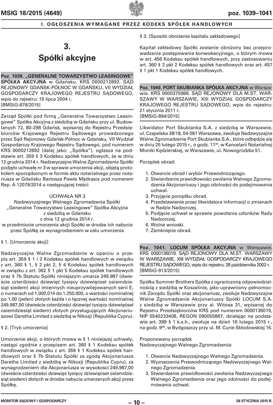 [BMSiG-878/2015] Zarząd Spółki pod firmą Generalne Towarzystwo Leasingowe Spółka Akcyjna z siedzibą w Gdańsku przy ul.
