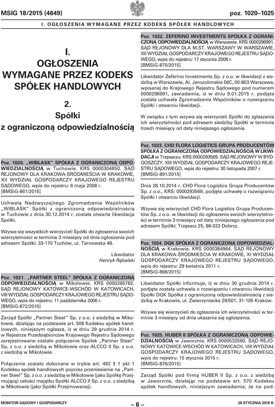 [BMSiG-870/2015] Likwidator Zeferino Investments Sp. z o.o. w likwidacji z siedzibą w Warszawie, Al.