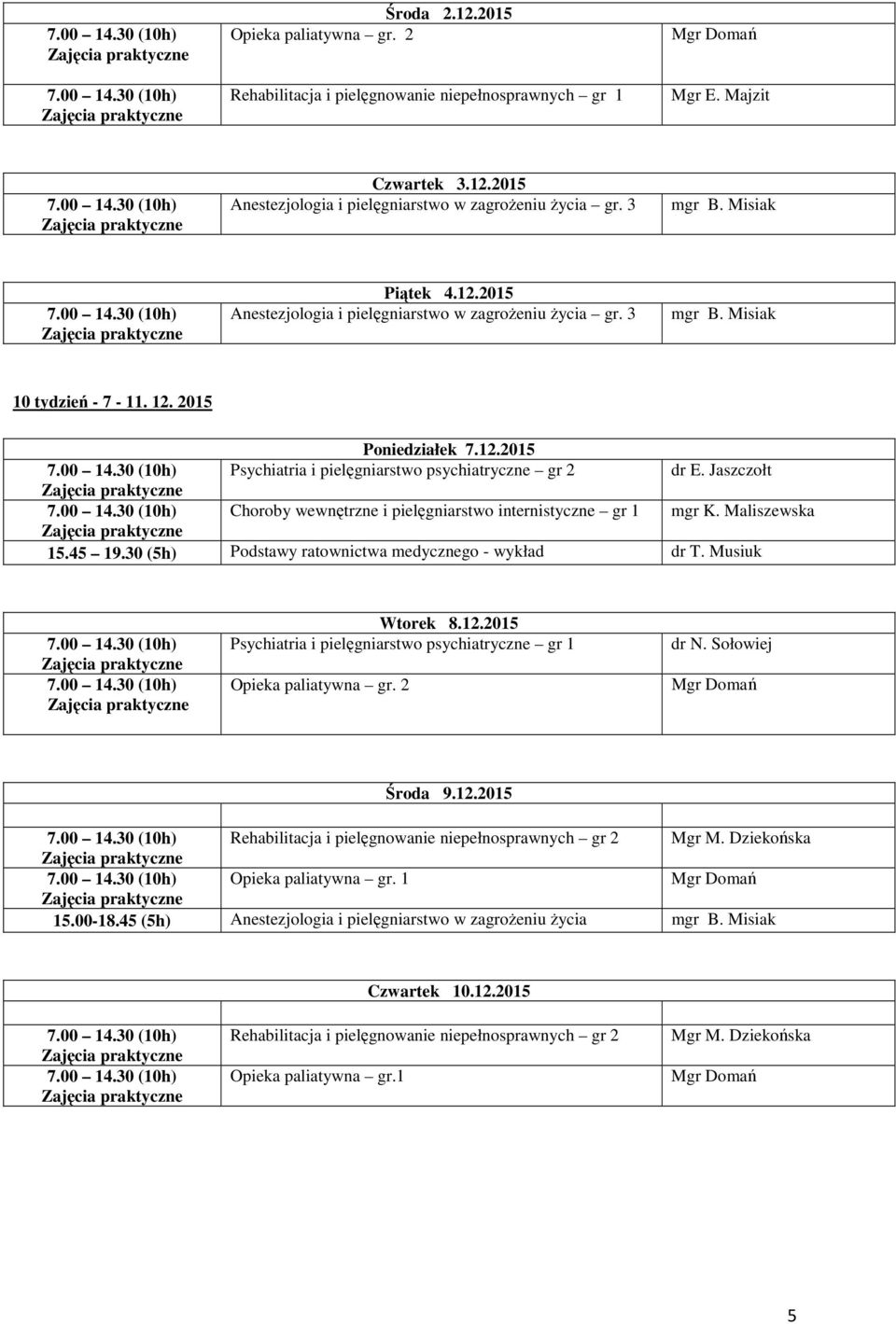 30 (5h) Podstawy ratownictwa medycznego - wykład dr T. Musiuk Wtorek 8.12.2015 Opieka paliatywna gr. 2 Środa 9.12.2015 Opieka paliatywna gr. 1 15.