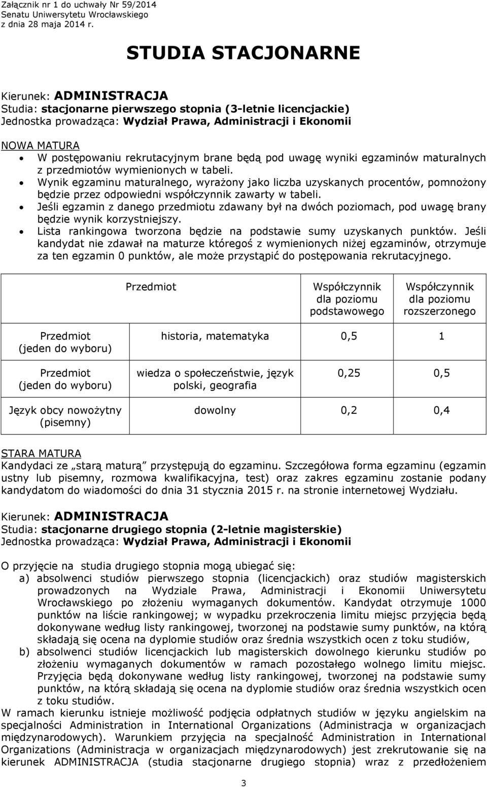 polski, geografia 0,25 0,5 Język obcy nowożytny (pisemny) dowolny 0,2 0,4 Kierunek: ADMINISTRACJA Jednostka prowadząca: Wydział Prawa, Administracji i Ekonomii O przyjęcie na studia drugiego stopnia