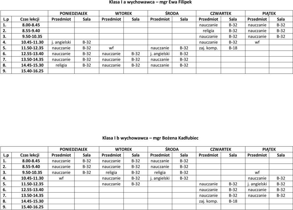 35 nauczanie B-32 nauczanie B-32 nauczanie B-32 8. 14.45-15.30 religia B-32 nauczanie B-32 nauczanie B-32 Klasa I b wychowawca mgr Bożena Kadłubiec 1. 8.00-8.