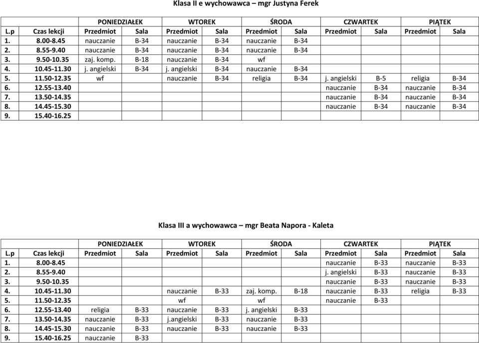 40 nauczanie B-34 nauczanie B-34 7. 13.50-14.35 nauczanie B-34 nauczanie B-34 8. 14.45-15.30 nauczanie B-34 nauczanie B-34 Klasa III a wychowawca mgr Beata Napora - Kaleta 1. 8.00-8.