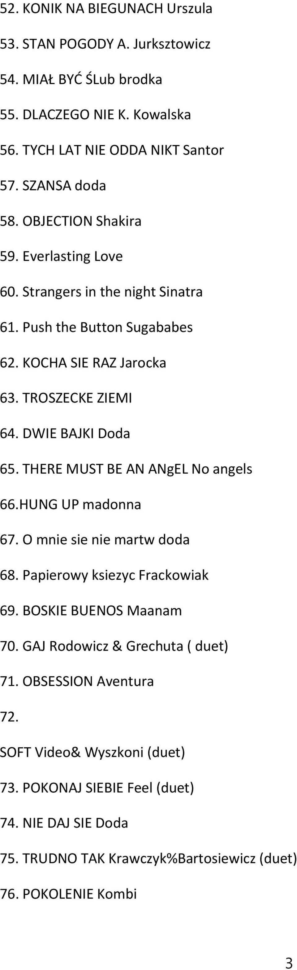 THERE MUST BE AN ANgEL No angels 66.HUNG UP madonna 67. O mnie sie nie martw doda 68. Papierowy ksiezyc Frackowiak 69. BOSKIE BUENOS Maanam 70.