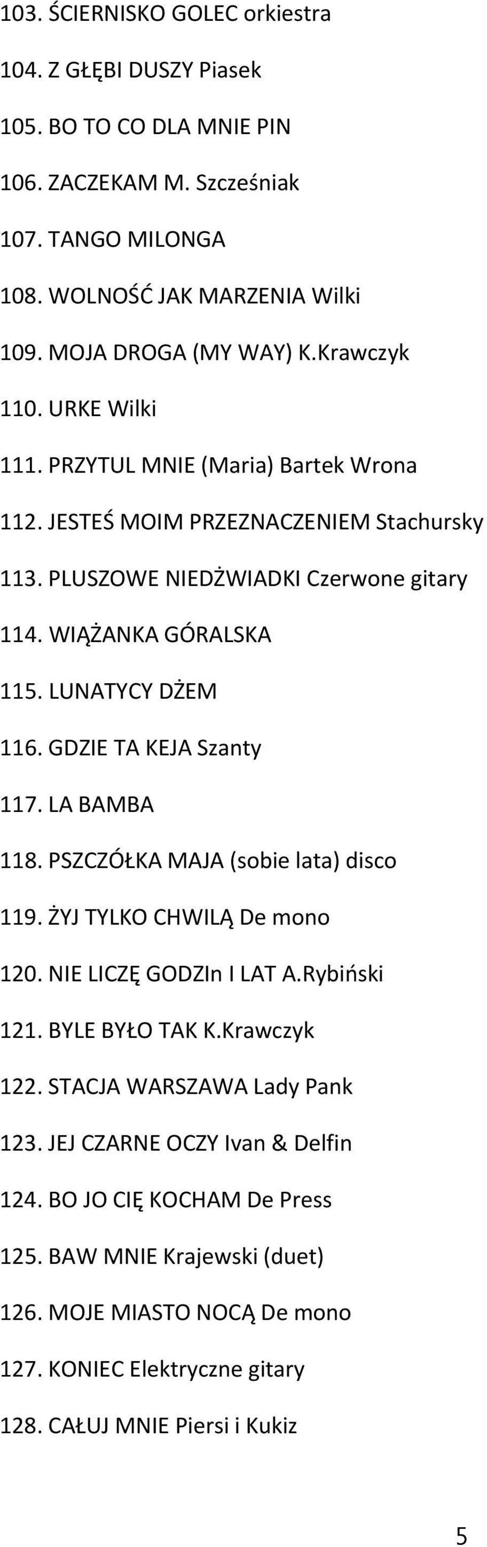 GDZIE TA KEJA Szanty 117. LA BAMBA 118. PSZCZÓŁKA MAJA (sobie lata) disco 119. ŻYJ TYLKO CHWILĄ De mono 120. NIE LICZĘ GODZIn I LAT A.Rybiński 121. BYLE BYŁO TAK K.Krawczyk 122.