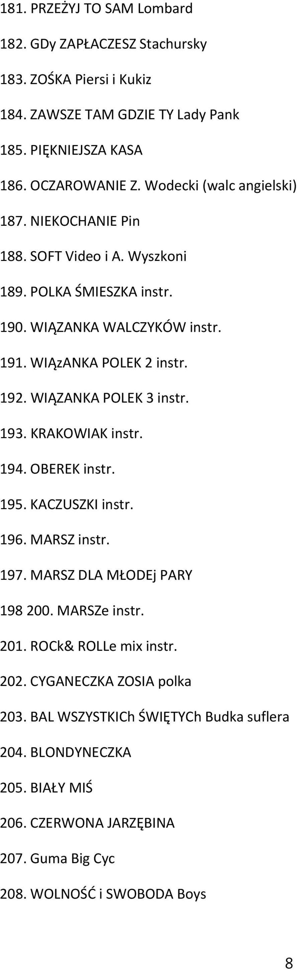 WIĄZANKA POLEK 3 instr. 193. KRAKOWIAK instr. 194. OBEREK instr. 195. KACZUSZKI instr. 196. MARSZ instr. 197. MARSZ DLA MŁODEj PARY 198 200. MARSZe instr. 201.