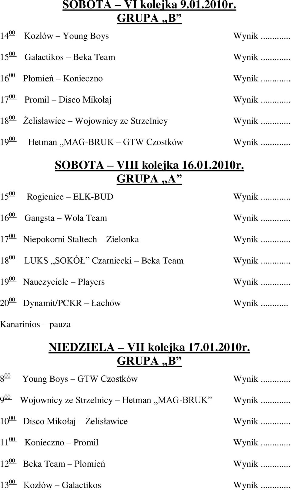 .. 17 00 Niepokorni Staltech Zielonka Wynik... 18 00 LUKS SOKÓŁ Czarniecki Beka Team Wynik... 19 00 Nauczyciele Players Wynik... 20 00 Dynamit/PCKR Łachów Wynik.