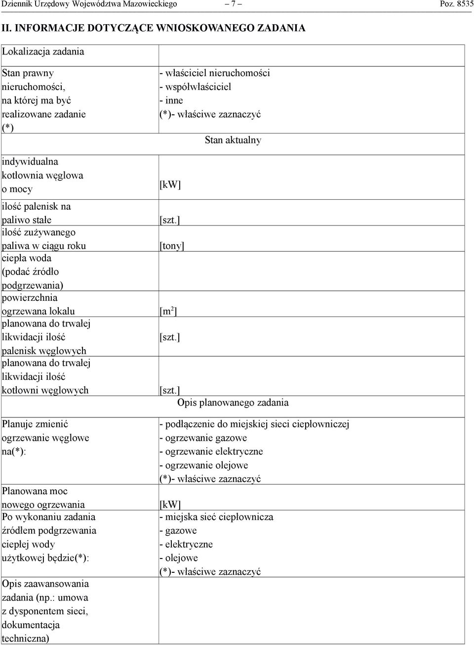 zaznaczyć Stan aktualny indywidualna kotłownia węglowa o mocy [kw] ilość palenisk na paliwo stałe [szt.