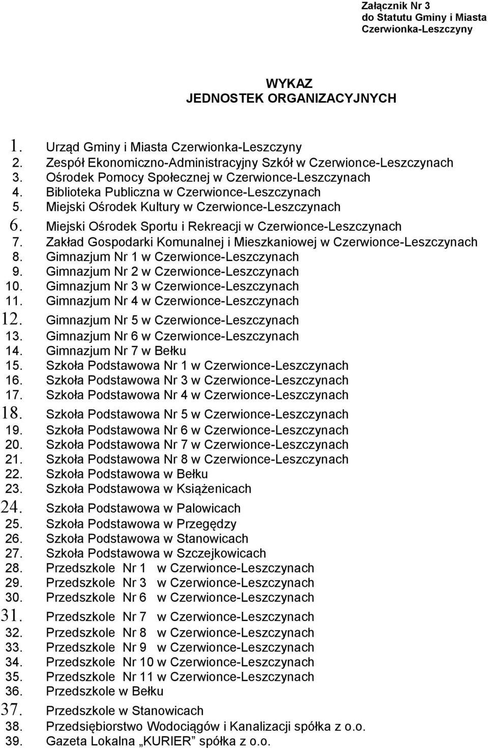 Miejski Ośrodek Kultury w Czerwionce-Leszczynach 6. Miejski Ośrodek Sportu i Rekreacji w Czerwionce-Leszczynach 7. Zakład Gospodarki Komunalnej i Mieszkaniowej w Czerwionce-Leszczynach 8.