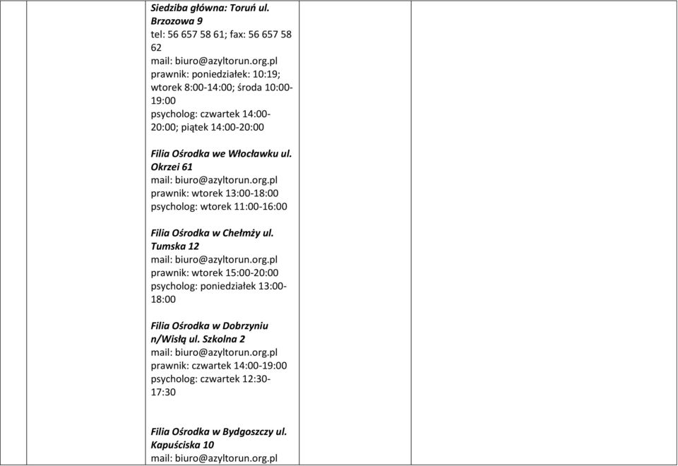 14:00-20:00; piątek 14:00-20:00 Filia Ośrodka we Włocławku ul.