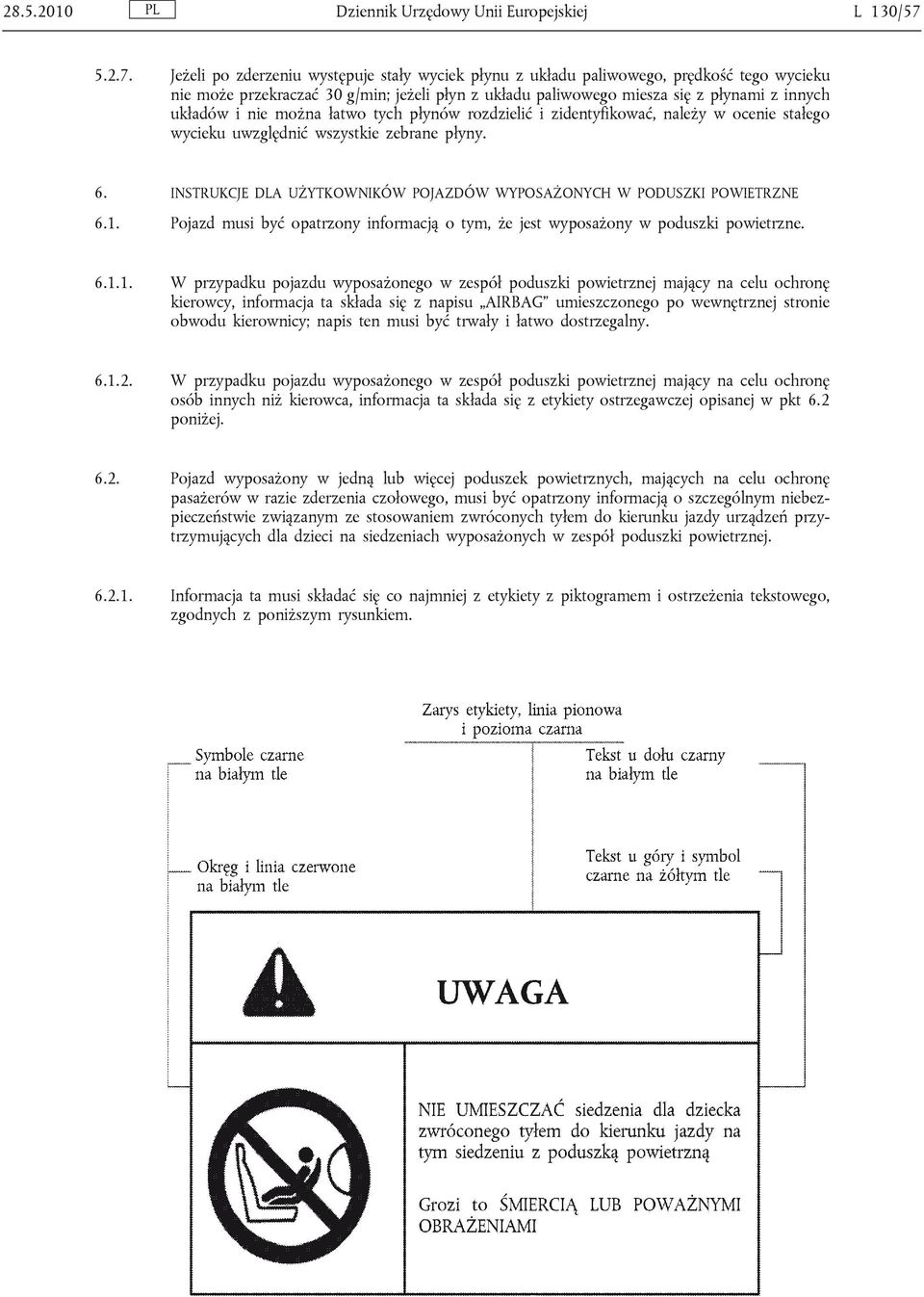 Jeżeli po zderzeniu występuje stały wyciek płynu z układu paliwowego, prędkość tego wycieku nie może przekraczać 30 g/min; jeżeli płyn z układu paliwowego miesza się z płynami z innych układów i nie