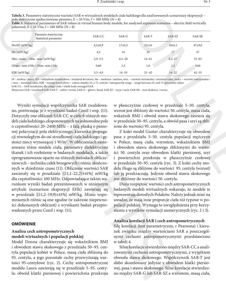 Statistical parameters of SAR values in virtual human body models, for analyzed exposure scenarios electric field vertically polarized, E = 10 V/m, f = 100 MHz (N = 8) nline first Parametr
