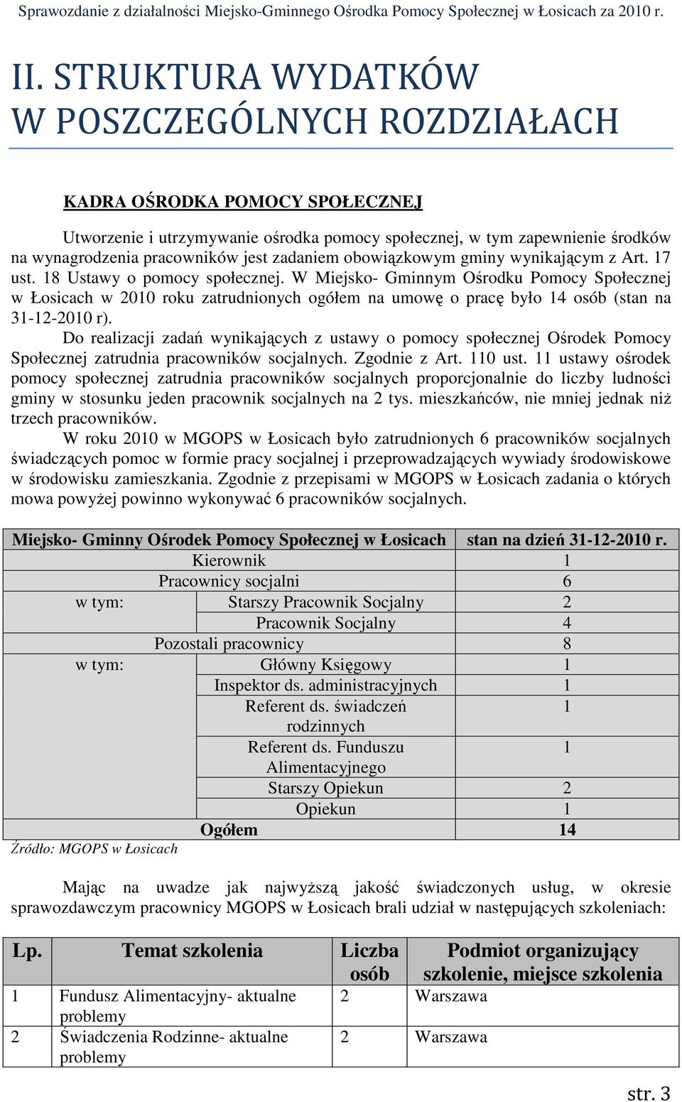 W Miejsko- Gminnym Ośrodku Pomocy Społecznej w Łosicach w 2010 roku zatrudnionych ogółem na umowę o pracę było 14 osób (stan na 31-12-2010 r).