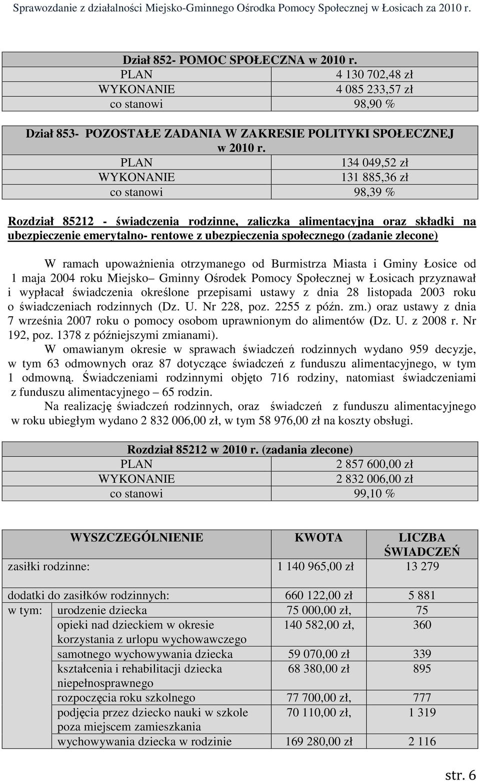 zlecone) W ramach upowaŝnienia otrzymanego od Burmistrza Miasta i Gminy Łosice od 1 maja 2004 roku Miejsko Gminny Ośrodek Pomocy Społecznej w Łosicach przyznawał i wypłacał świadczenia określone