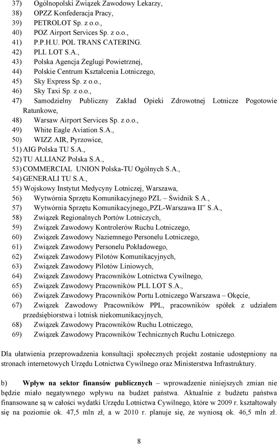 z o.o., 47) Samodzielny Publiczny Zakład Opieki Zdrowotnej Lotnicze Pogotowie Ratunkowe, 48) Warsaw Airport Services Sp. z o.o., 49) White Eagle Aviation S.A., 50) WIZZ AIR, Pyrzowice, 51) AIG Polska TU S.