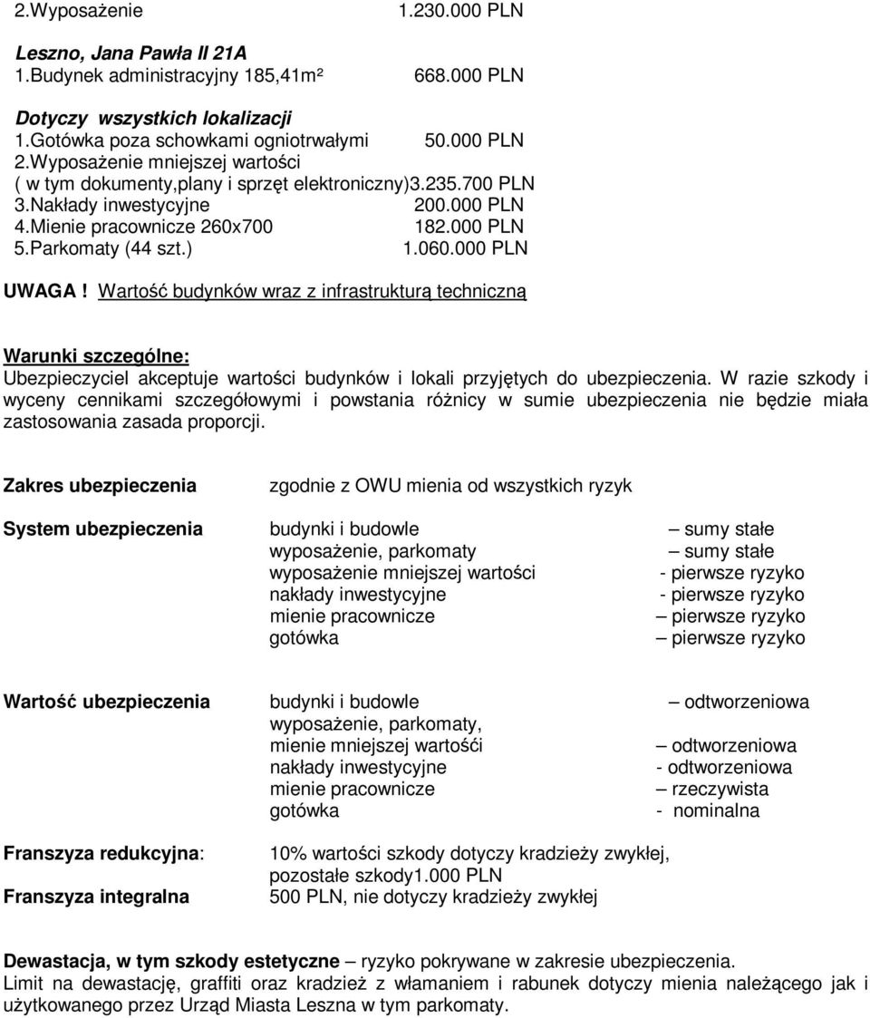 000 PLN UWAGA! Wartość budynków wraz z infrastrukturą techniczną Warunki szczególne: Ubezpieczyciel akceptuje wartości budynków i lokali przyjętych do ubezpieczenia.