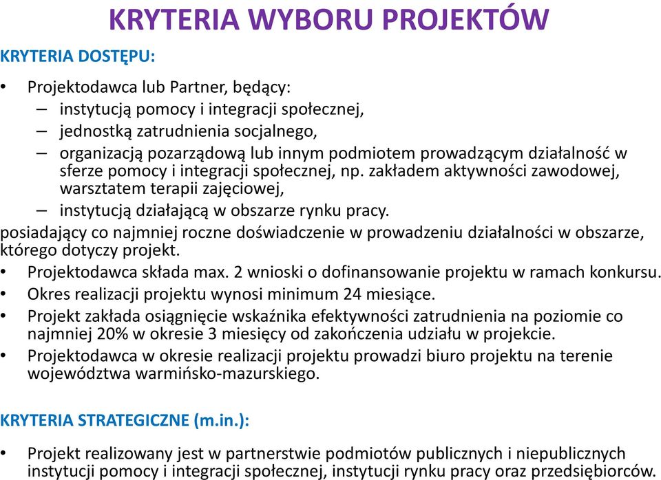 posiadający co najmniej roczne doświadczenie w prowadzeniu działalności w obszarze, którego dotyczy projekt. Projektodawca składa max. 2 wnioski o dofinansowanie projektu w ramach konkursu.