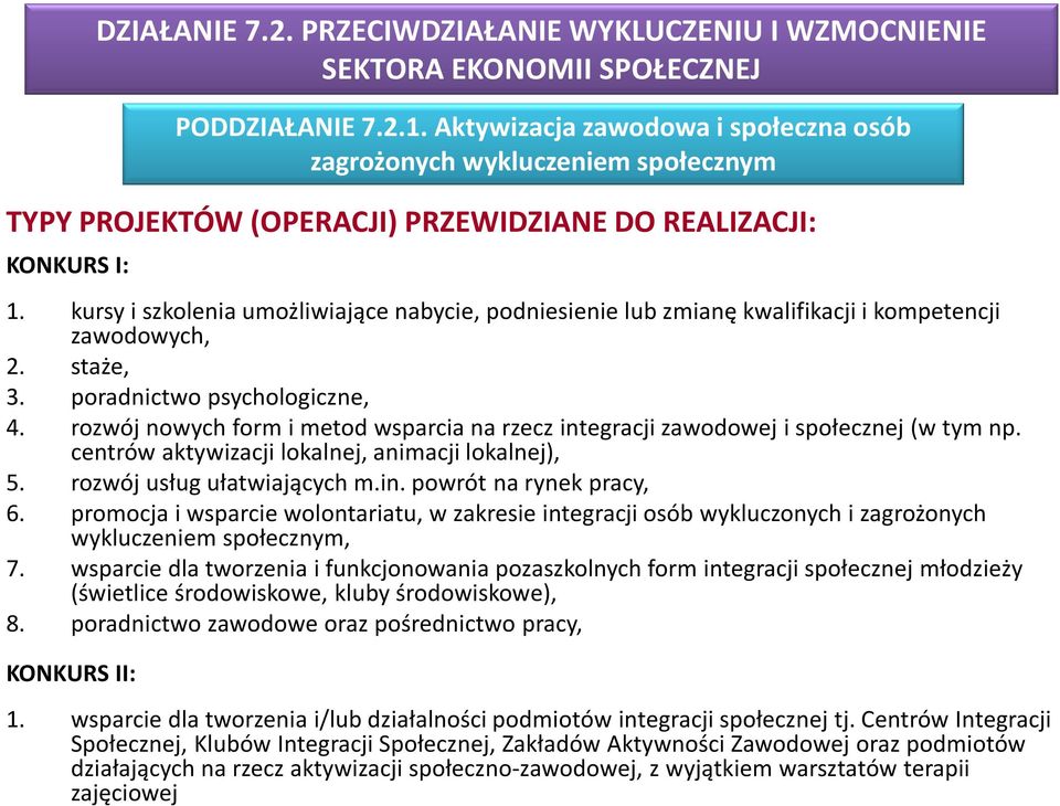 rozwój nowych form i metod wsparcia na rzecz integracji zawodowej i społecznej (w tym np. centrów aktywizacji lokalnej, animacji lokalnej), 5. rozwój usług ułatwiających m.in. powrót na rynek pracy, 6.