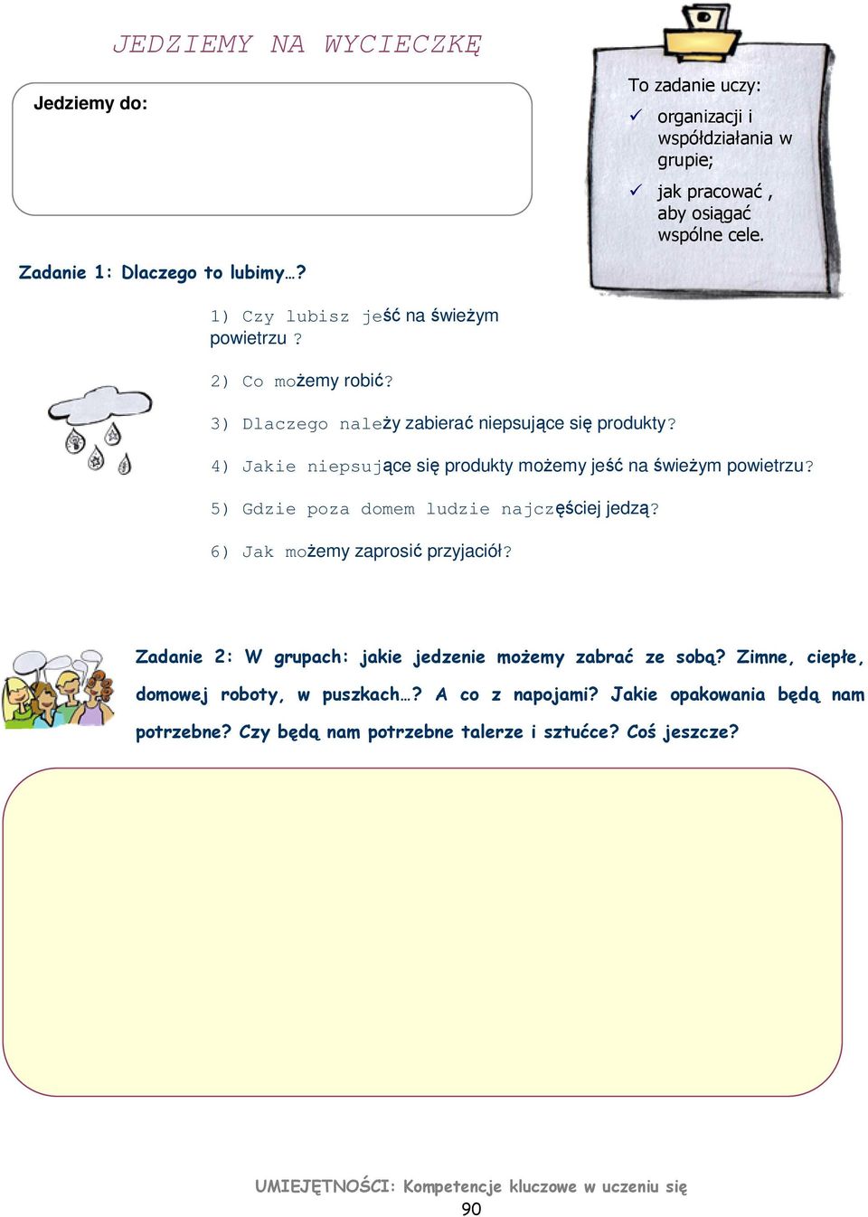 4) Jakie niepsujące się produkty możemy jeść na świeżym powietrzu? 5) Gdzie poza domem ludzie najczęściej jedzą? 6) Jak możemy zaprosić przyjaciół?