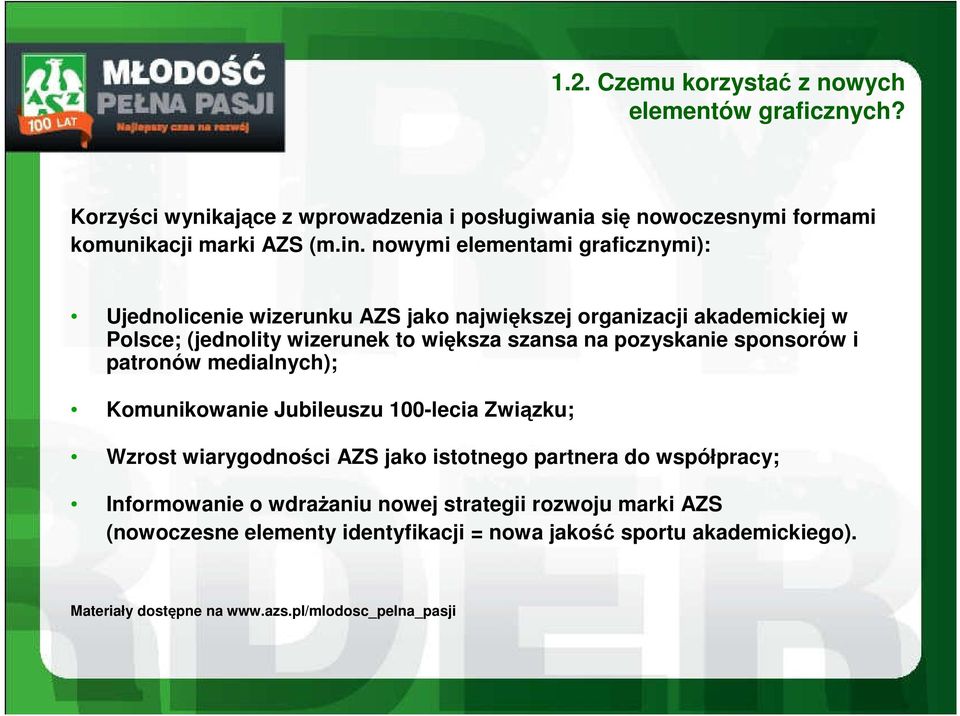 pozyskanie sponsorów i patronów medialnych); Komunikowanie Jubileuszu 100-lecia Związku; Wzrost wiarygodności AZS jako istotnego partnera do współpracy;