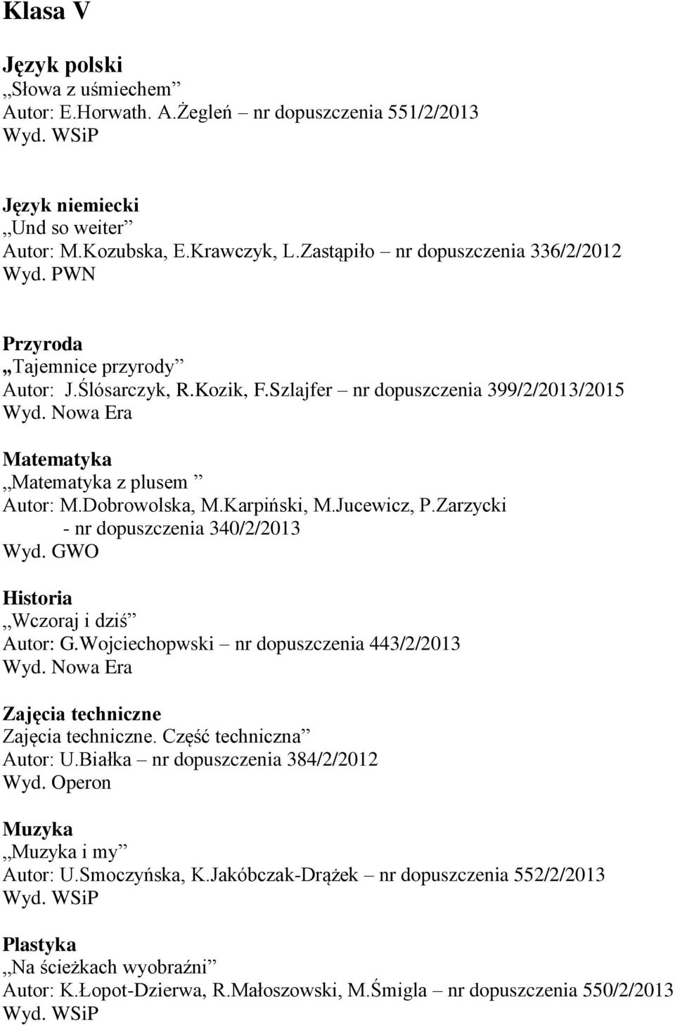 Zarzycki - nr dopuszczenia 340/2/2013 Wyd. GWO Historia Wczoraj i dziś Autor: G.Wojciechopwski nr dopuszczenia 443/2/2013 Zajęcia techniczne Zajęcia techniczne. Część techniczna Autor: U.