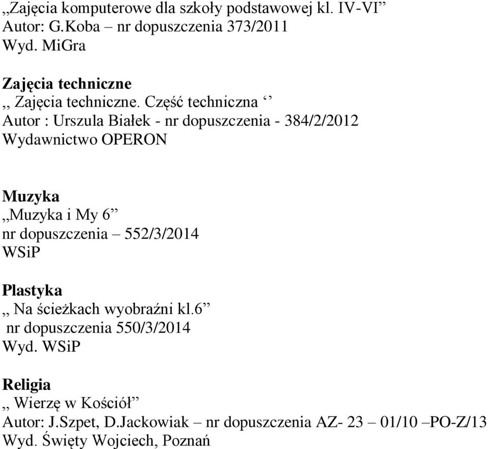 Część techniczna Autor : Urszula Białek - nr dopuszczenia - 384/2/2012 Wydawnictwo OPERON Muzyka Muzyka i My 6 nr