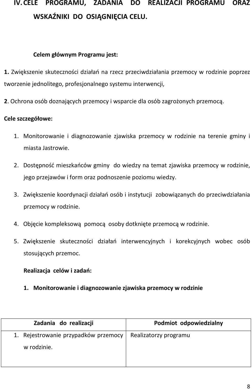 Ochrona osób doznających przemocy i wsparcie dla osób zagrożonych przemocą. Cele szczegółowe: 1. Monitorowanie i diagnozowanie zjawiska przemocy w rodzinie na terenie gminy i miasta Jastrowie. 2.