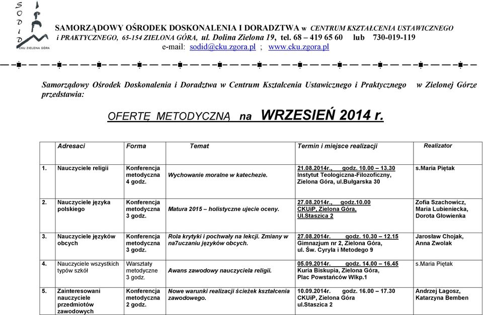 w Zielonej Górze Adresaci Forma Temat Termin i miejsce realizacji Realizator 1. Nauczyciele religii 4 godz. Wychowanie moralne w katechezie. 21.08.2014r., godz. 10.00 13.