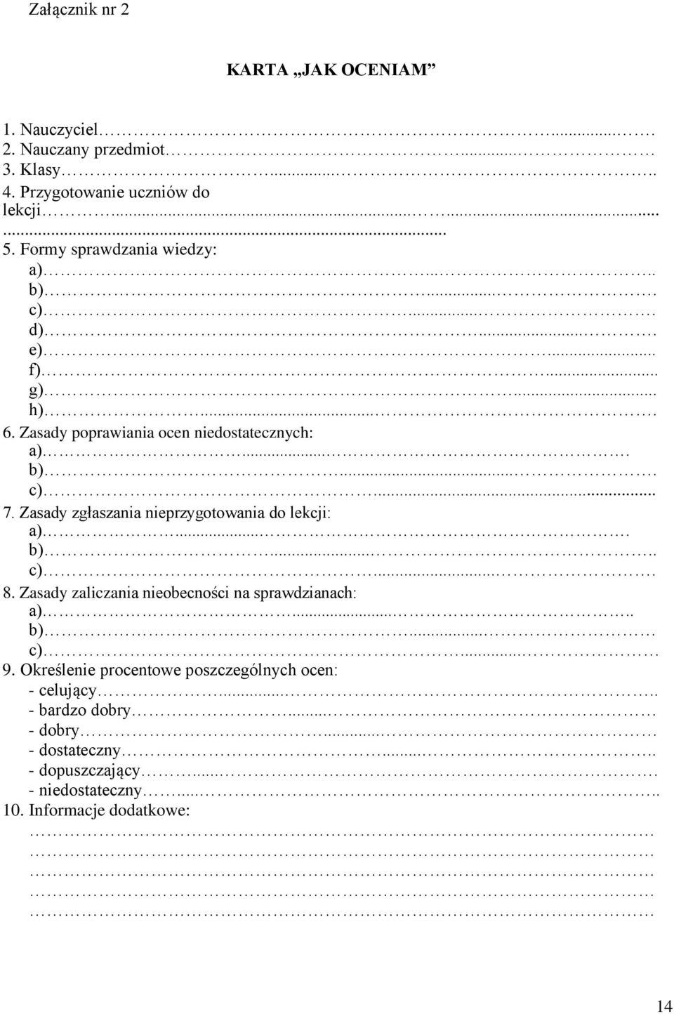 Zasady zgłaszania nieprzygotowania do lekcji: a).... b)..... c).... 8. Zasady zaliczania nieobecności na sprawdzianach: a)..... b)... c)... 9.