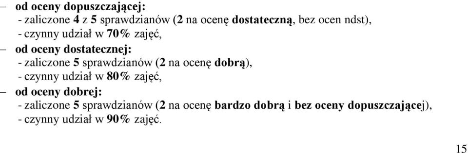 sprawdzianów (2 na ocenę dobrą), - czynny udział w 80% zajęć, od oceny dobrej: -
