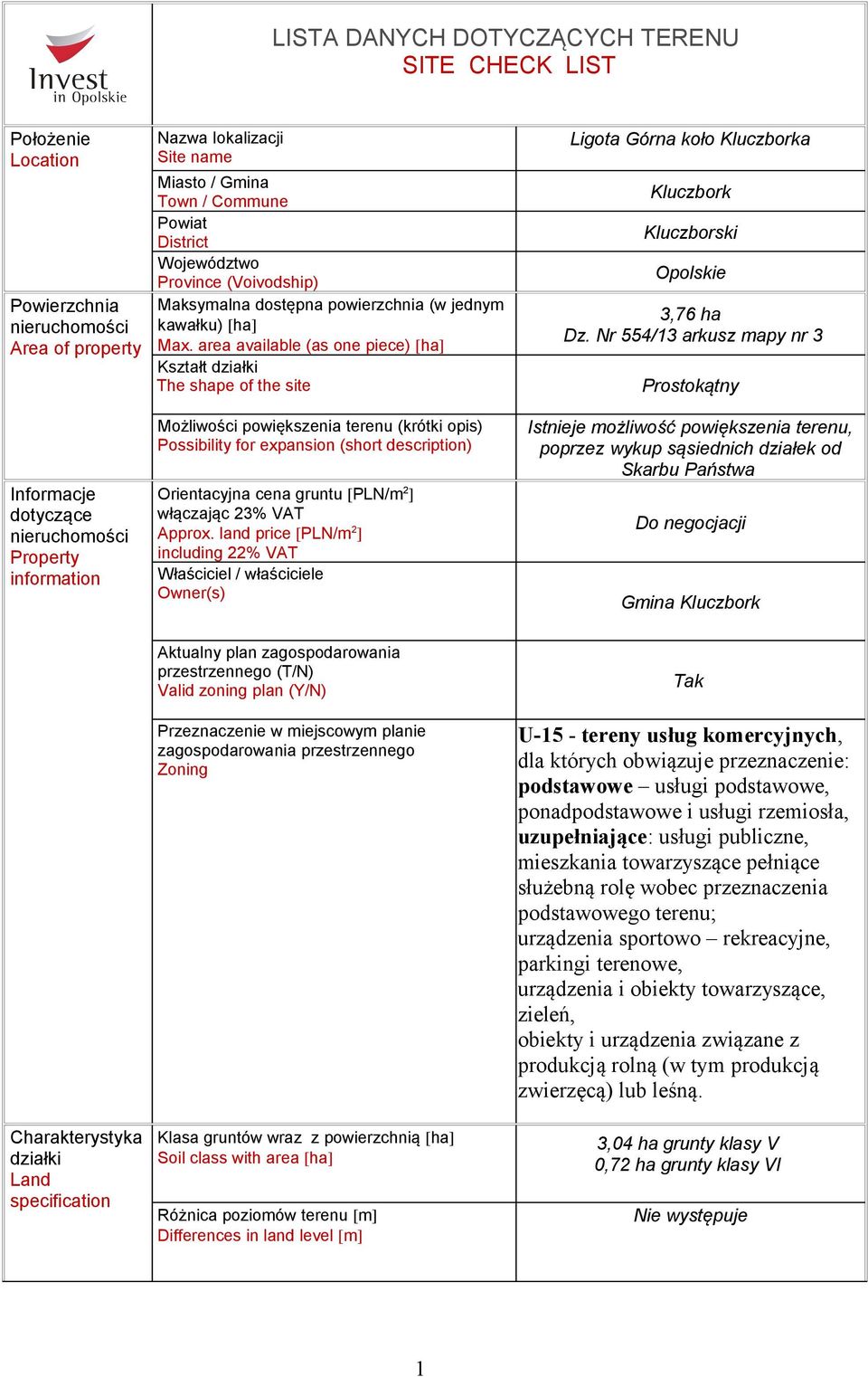 area available (as one piece) [ha] Kształt działki The shape of the site Możliwości powiększenia terenu (krótki opis) Possibility for expansion (short description) Orientacyjna cena gruntu [PLN/m 2 ]