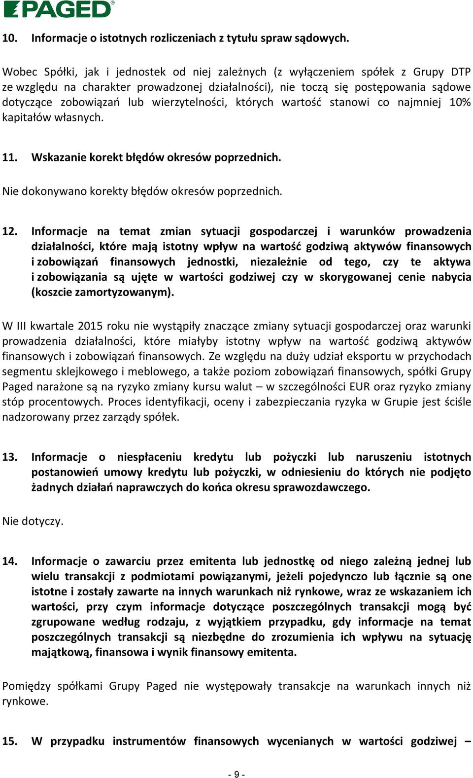 wierzytelności, których wartość stanowi co najmniej 10% kapitałów własnych. 11. Wskazanie korekt błędów okresów poprzednich. Nie dokonywano korekty błędów okresów poprzednich. 12.