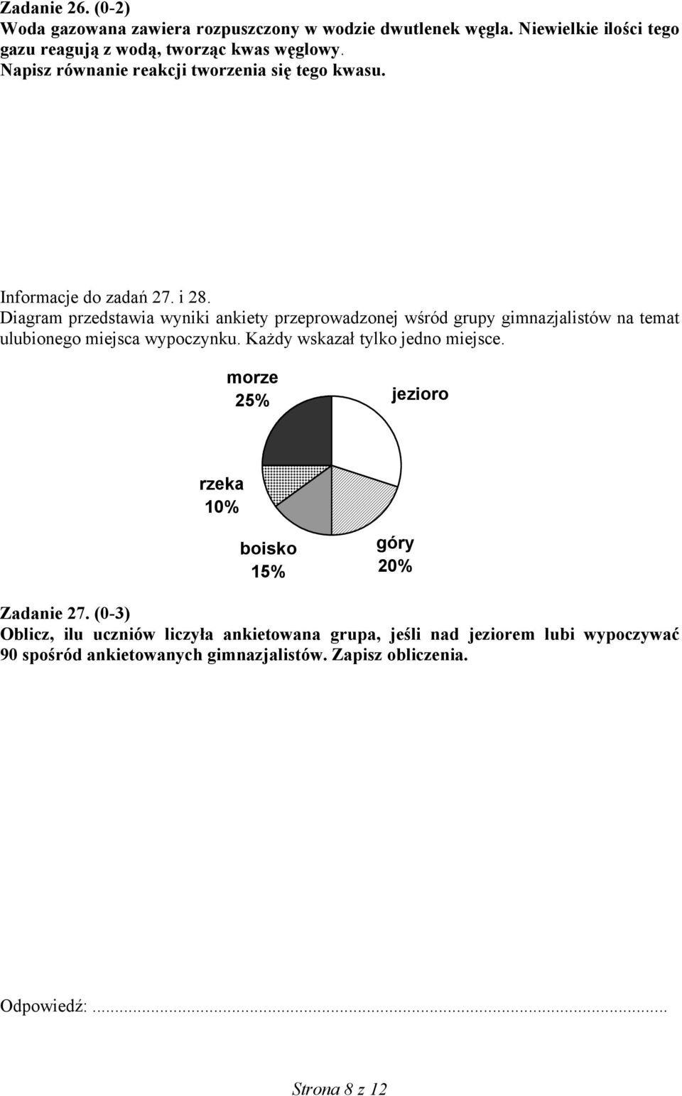 Diagram przedstawia wyniki ankiety przeprowadzonej wśród grupy gimnazjalistów na temat ulubionego miejsca wypoczynku. Każdy wskazał tylko jedno miejsce.