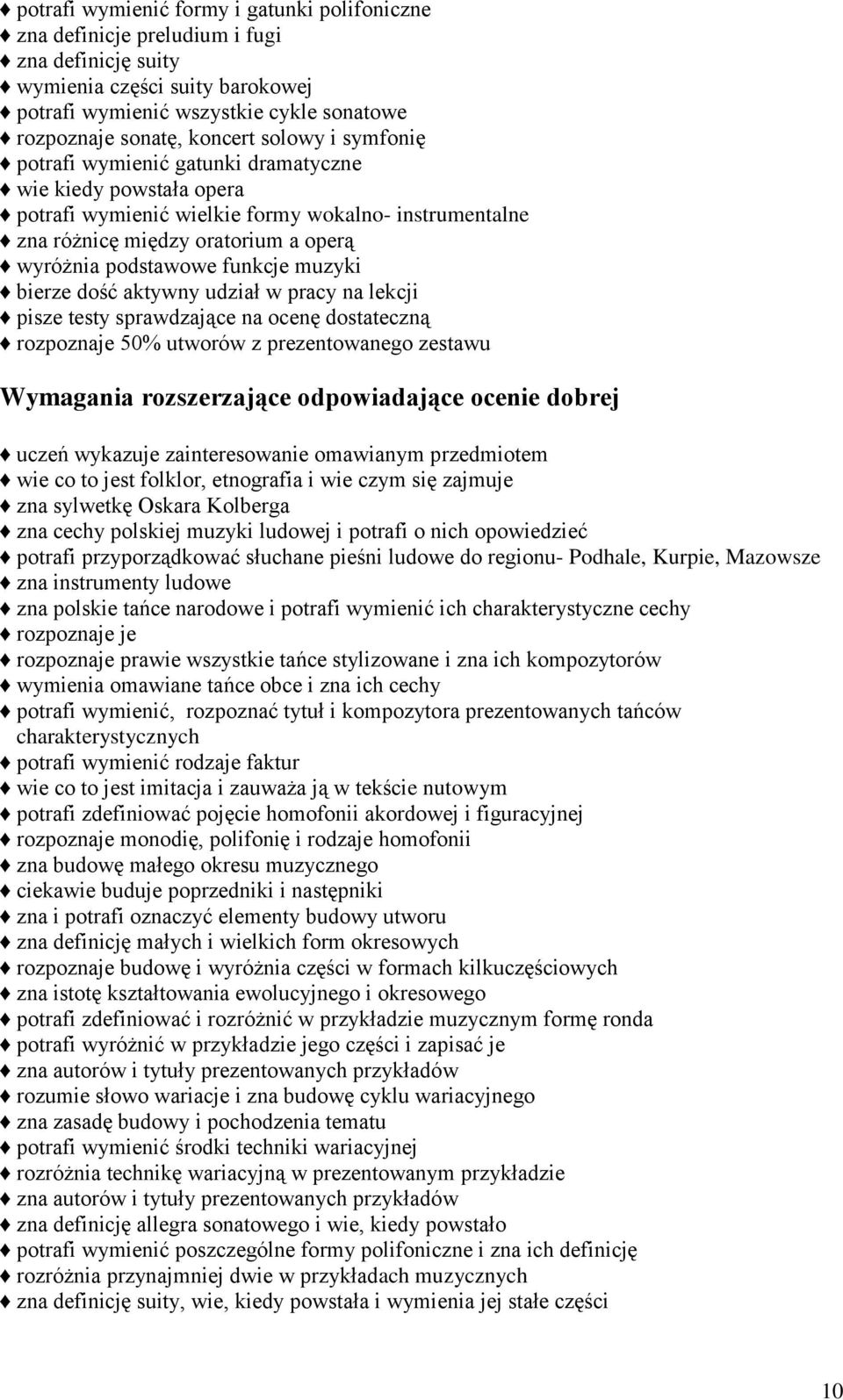muzyki bierze dość aktywny udział w pracy na lekcji pisze testy sprawdzające na ocenę dostateczną rozpoznaje 50% utworów z prezentowanego zestawu Wymagania rozszerzające odpowiadające ocenie dobrej