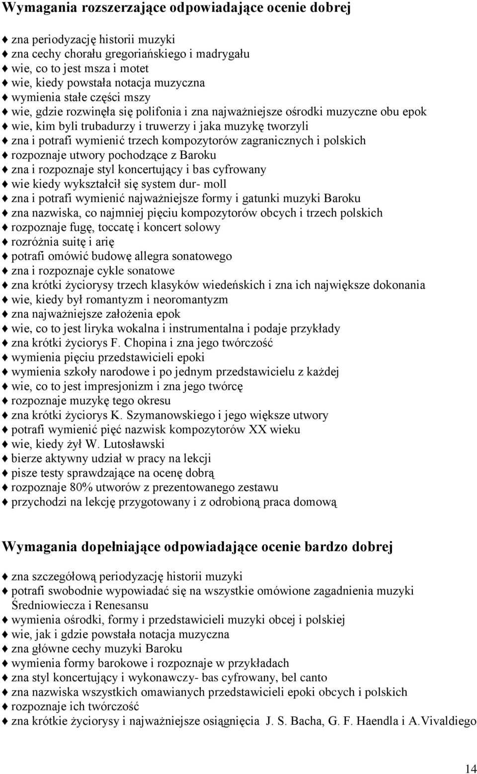 kompozytorów zagranicznych i polskich rozpoznaje utwory pochodzące z Baroku zna i rozpoznaje styl koncertujący i bas cyfrowany wie kiedy wykształcił się system dur- moll zna i potrafi wymienić