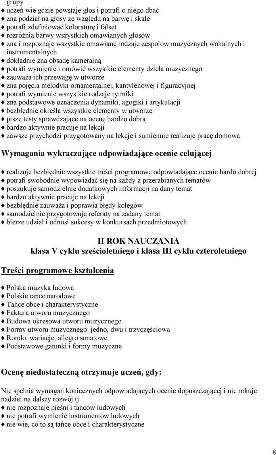 przewagę w utworze zna pojęcia melodyki ornamentalnej, kantylenowej i figuracyjnej potrafi wymienić wszystkie rodzaje rytmiki zna podstawowe oznaczenia dynamiki, agogiki i artykulacji bezbłędnie