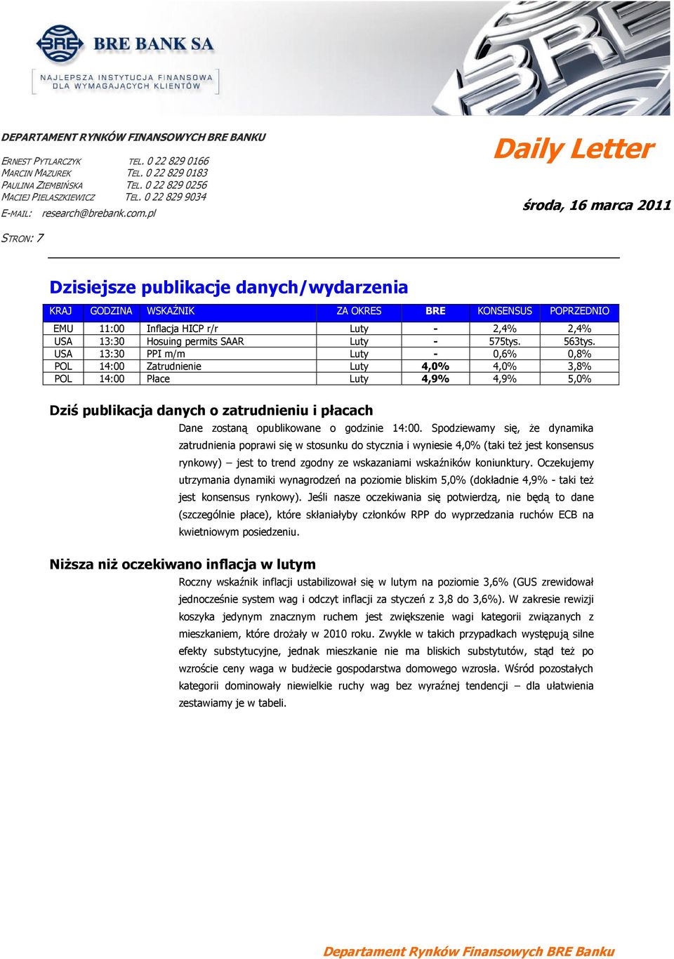 pl Daily Letter środa, 16 marca 2011 STRON: 7 Dzisiejsze publikacje danych/wydarzenia KRAJ GODZINA WSKAŹNIK ZA OKRES BRE KONSENSUS POPRZEDNIO EMU 11:00 Inflacja HICP r/r Luty - 2,4% 2,4% USA 13:30