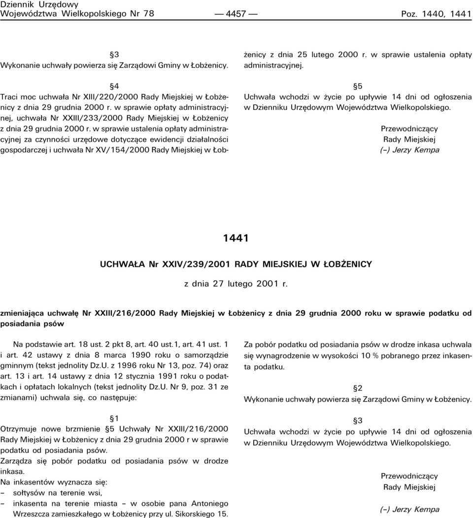 w sprawie op aty administracyjnej, uchwa a Nr XXIII/233/2000 Rady Miejskiej w obøenicy z dnia 29 grudnia 2000 r.