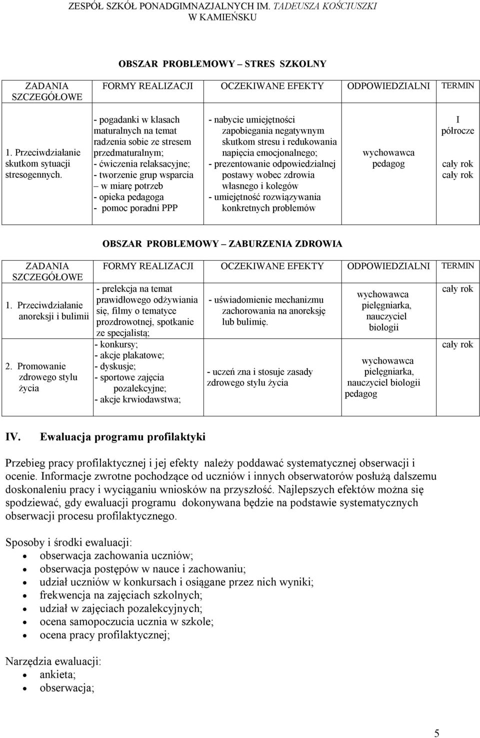 umiejętności zapobiegania negatywnym skutkom stresu i redukowania napięcia emocjonalnego; - prezentowanie odpowiedzialnej postawy wobec zdrowia własnego i kolegów - umiejętność rozwiązywania