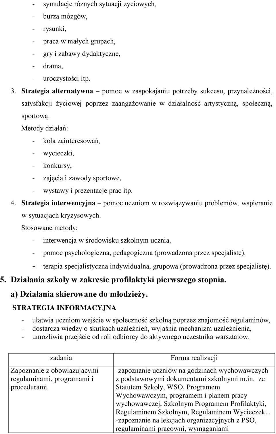 Metody działań: - koła zainteresowań, - wycieczki, - konkursy, - zajęcia i zawody sportowe, - wystawy i prezentacje prac itp. 4.