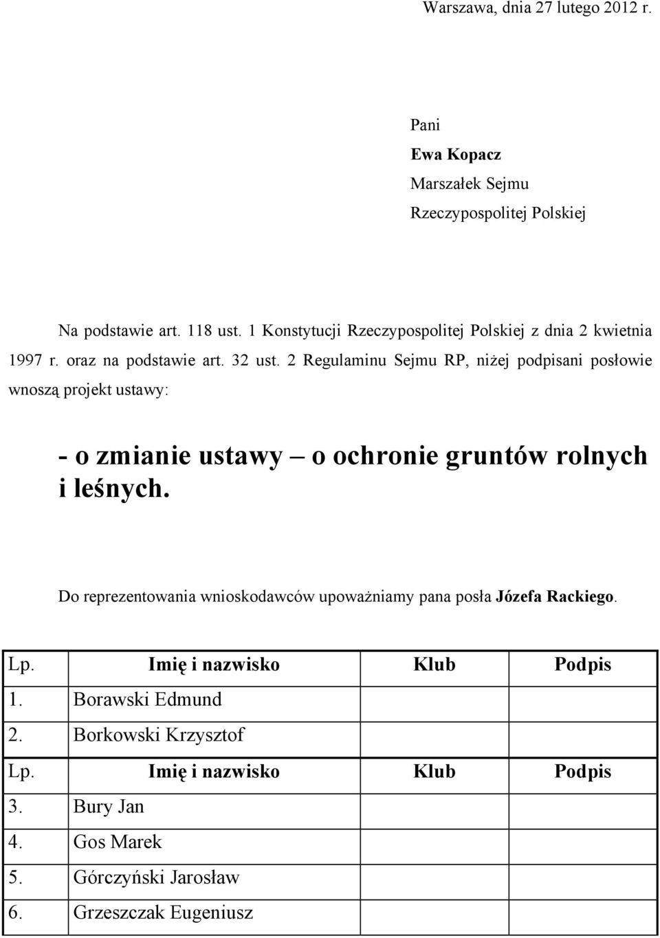 2 Regulaminu Sejmu RP, niżej podpisani posłowie wnoszą projekt ustawy: - o zmianie ustawy o ochronie gruntów rolnych i leśnych.