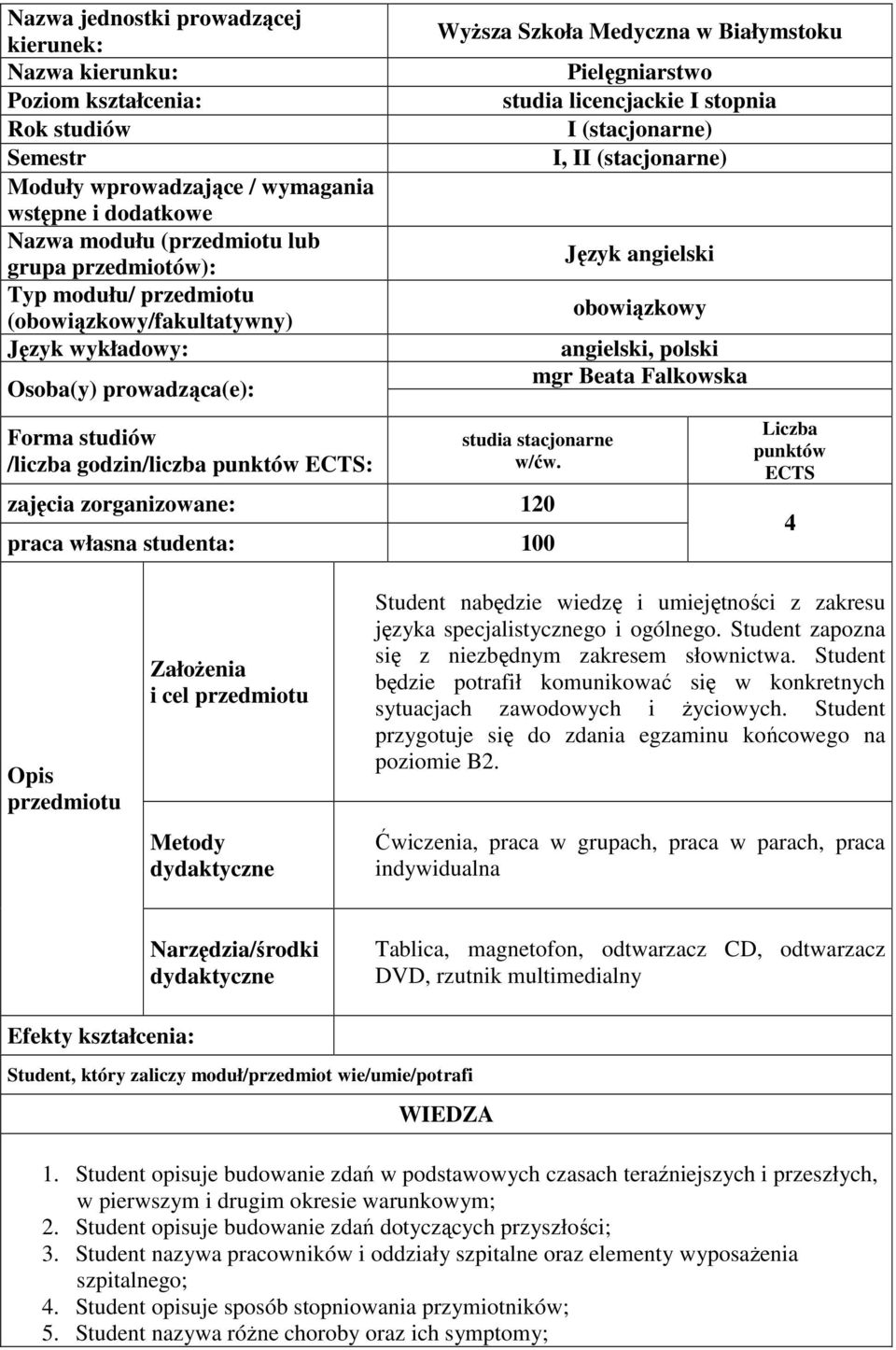 (stacjonarne) Język angielski obowiązkowy angielski, polski mgr Beata Falkowska Forma studiów /liczba godzin/liczba punktów ECTS: studia stacjonarne w/ćw.