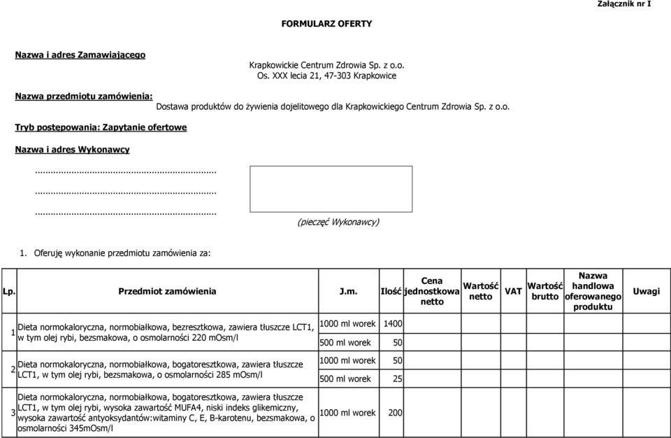 ........ (pieczęć Wykonawcy) 1. Oferuję wykonanie przedmi